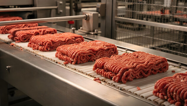 Close-Up of Fresh Ground Meat on Conveyor Belt: A Glimpse into Food Production, Promising Quality and Efficiency for Culinary and Industrial Applications, High-Res Stock
