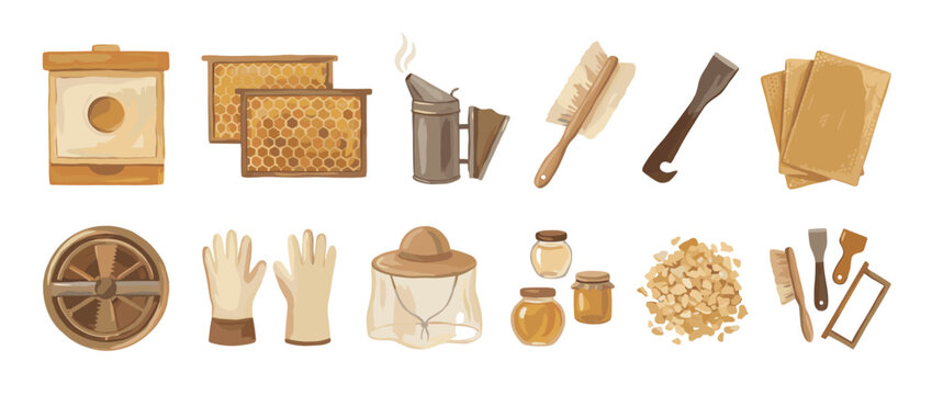 Collection of beekeeping equipment and tools including a beehive, honeycomb, smoker, and honey jars, illustrated in a charming, rustic cartoon style for apiculture concepts