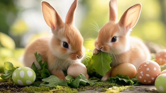 Adorable rabbits with easter eggs in nature setting