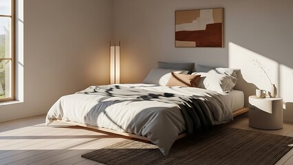 Obraz premium Cozy bedroom with a comfortable bed and warm lighting