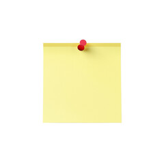 A blank yellow sticky note with a red pushpin on transparent background