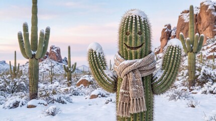 Snow covered saguaro cactus in Sonoran desert with beige knitted scarf, winter landscape photo for banner or website