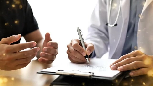 A doctor in a white coat writes notes on a clipboard during a consultation with a patient. The patient gestures while discussing their health in a professional setting