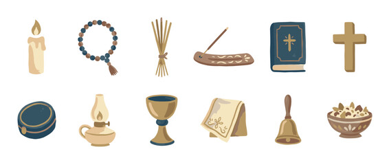 Collection of religious and spiritual items for faith and worship, including a cross, bible, candle, and rosary, illustrated in a charming, textured, hand-drawn artistic style