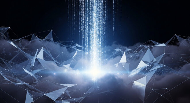 Stunning digital landscape with glowing data stream and geometric network