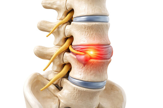 Lumbar spine herniated disc compressing spinal nerve with inflammation pain highlighted detailed medical anatomy illustration isolated on black background