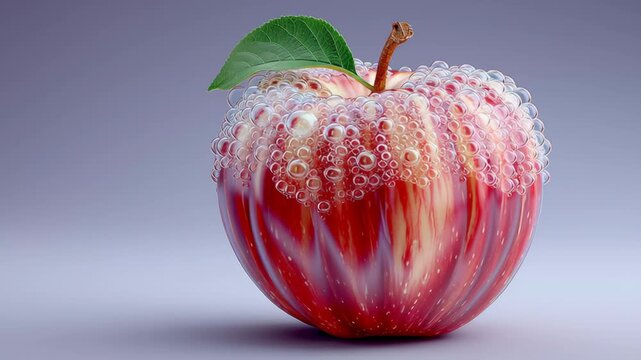 Red apple with bubbles and green leaf gradually reveals its glossy surface, showcasing a vibrant texture and intricate details against a soft gray background