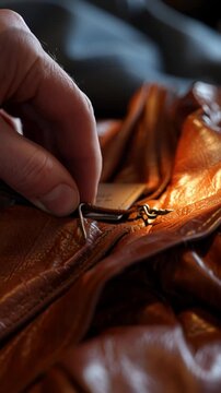 Close-up of a hand adjusting a drawstring on a distressed brown leather bag with metallic clasp