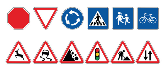 Collection of various European road signs and traffic symbols for driving safety, including warning triangles, regulatory circles, and informational squares with clear pictograms