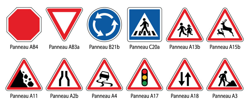Collection of twelve European road traffic signs showing various warning and regulatory symbols for safety, including stop, yield, roundabout, and pedestrian crossing