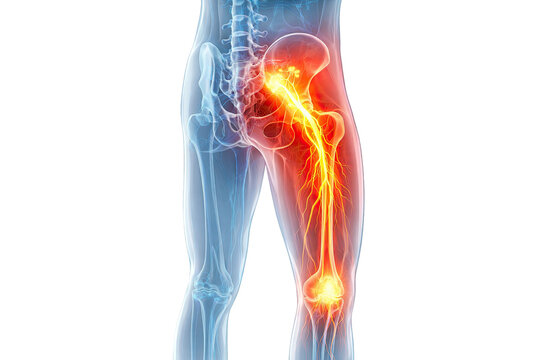 Sciatic nerve pain radiating from hip through leg with inflamed nerve pathway medical anatomy illustration isolated on white background