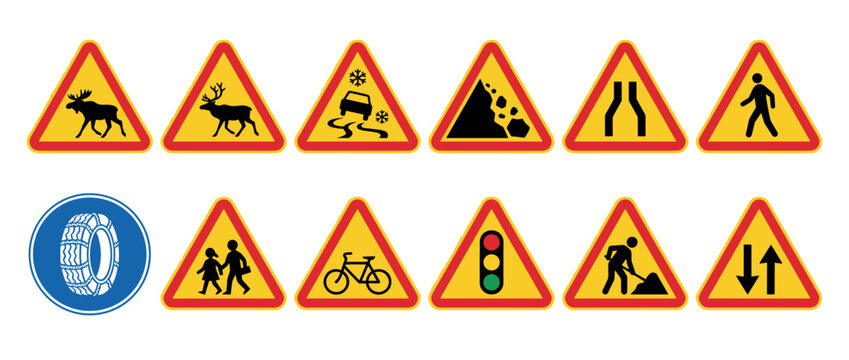 Various European road warning and mandatory signs including moose, slippery road, falling rocks, pedestrian, and winter tire icons presented as a complete vector illustration set for safety