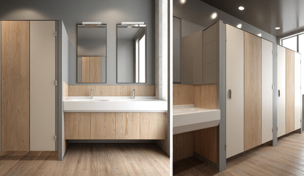 Modern public toilet cubicles with light wooden doors and white porcelain sinks, clean and contemporary restroom design with privacy partitions and natural lighting