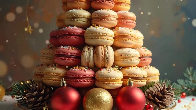 A festive Christmas tree made of colorful macarons is displayed on a table with ornaments and pine cones.
