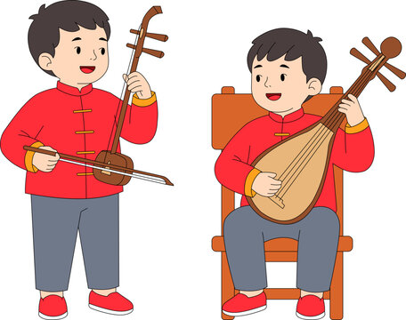 Illustration of 2 Boys playing a chinese string instrument for Lunar New Year.
