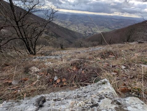 Panorama mozzafiato su una valle montana dall&rsquo;alto di un crinale, con alberi spogli e pendii rocciosi sotto un cielo nuvoloso