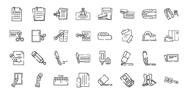 Line style desk essentials icon pack. Office productivity tools