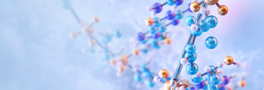 Deoxyribonucleic acid molecule: double helix polymer chains. Biochemical synthesis in a microscopic fluid environment. DNA molecule model with colourful spheres represent atoms, nucleotides. 3D