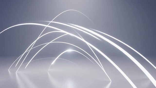 Soft white arcs drifting diagonally curved light paths slight bloom edges cinematic surreal ethereal ambience cascading softly glowing futuristic abstract unique style