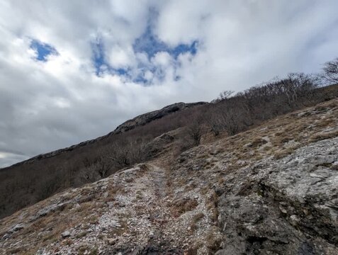 Panorama mozzafiato su una valle montana dall&rsquo;alto di un crinale, con alberi spogli e pendii rocciosi sotto un cielo nuvoloso