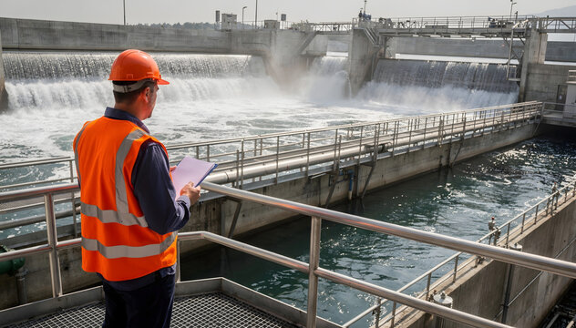 Inspection at the Dam: Engineer Overseeing Operations, Ensuring Safety and Efficiency in Hydroelectric Power Generation, Contributing to Sustainable Energy Solutions