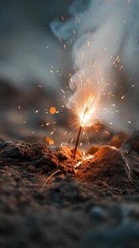 A close-up of a sparkler smoldering in dirt, emitting sparks and smoke