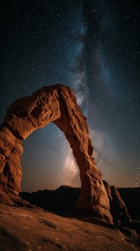 A natural sandstone arch is illuminated against a vast night sky filled with stars and the Milky Way