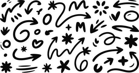 Assortment of hand-drawn black arrows and symbols on white background