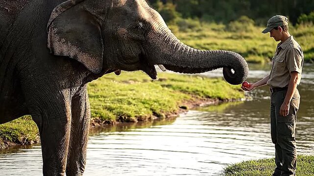 Asian elephant reaching trunk toward caretaker offering apple by riverbank, golden hour light, gentle trust, documentary wildlife interaction photography.