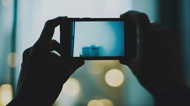 Silhouette of hands holding a smartphone and taking a photo of the city at night. Mobile photography concept with bokeh lights background.

