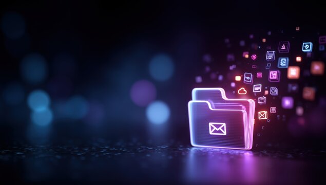 Glowing Digital Folder with Data and App Icons, Cloud Storage, Email and File Management Concept