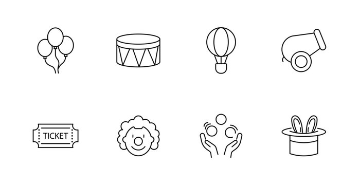 Circus set icon. Balloons, drum, hot air balloon, cannon, ticket, clown, juggling hands, magician hat shown in performance line icon style.