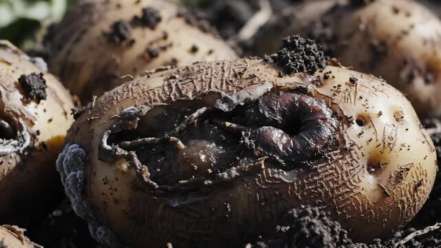 Rotten Potato with Grub Infestation in Soil