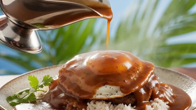 Close up of gravy being poured over a Hawaiian Loco Moco dish with rice, hamburger patty, and fried egg, ready to eat.