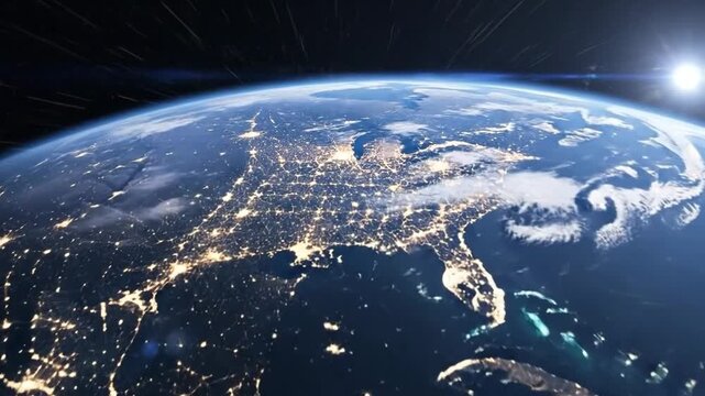 View of the Earth from space shows the United States at night with city lights glowing brightly.