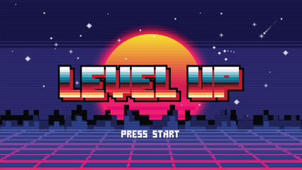 LEVEL UP. pixel art .8 bit game. retro video game. for game assets. © Maderla