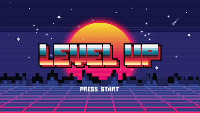 LEVEL UP. pixel art .8 bit game. retro video game. for game assets.
