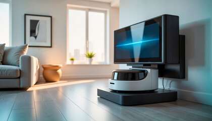Futuristic smart home appliance station with cleaning vacuum, innovation
