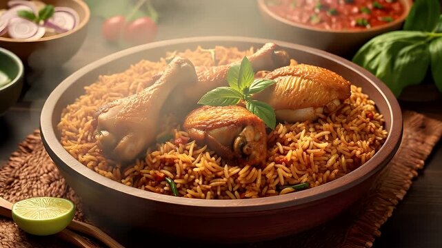 A steaming bowl of chicken biryani garnished with fresh herbs and served with complementary dishes on a rustic table setup