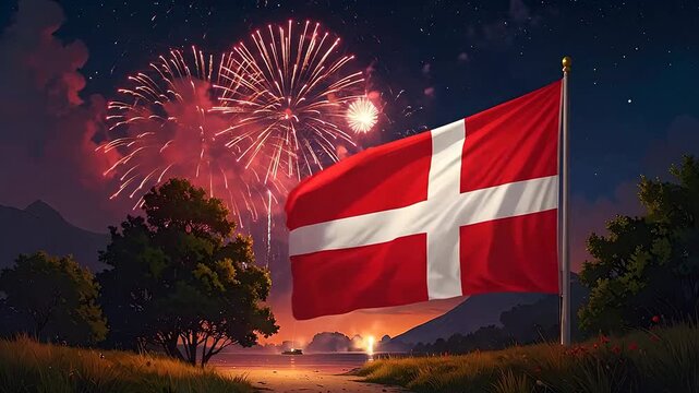 The flag of Denmark waves proudly against a backdrop of vibrant fireworks in the night sky.