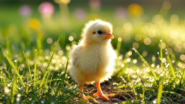 Adorable yellow chick stands in dewy green grass, chirping, bathed in golden sunlight, springtime nature