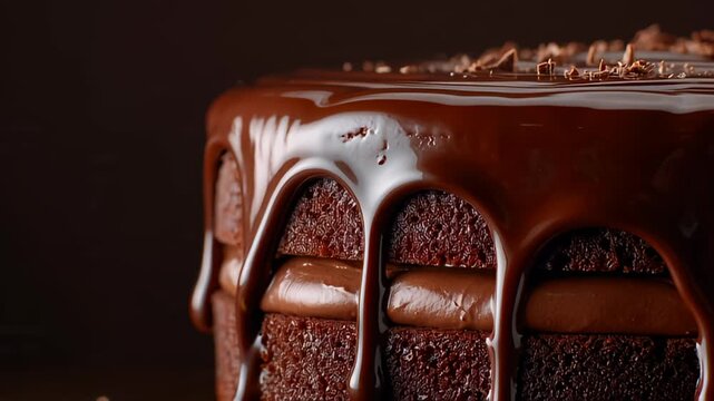 A decadent chocolate cake with rich frosting and chocolate layers, melting slowly, captured in a close-up, studio-lit shot