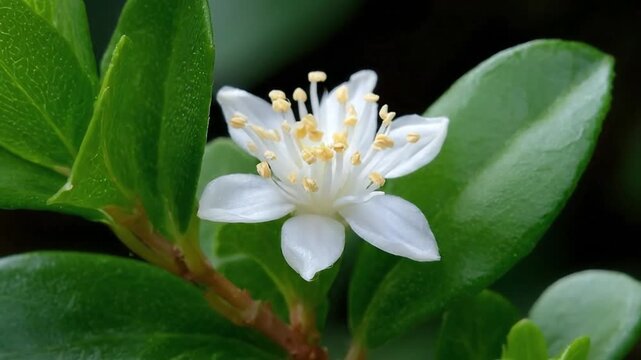 A delicate white flower with yellow stamens blooms amidst lush green leaves on a woody stem