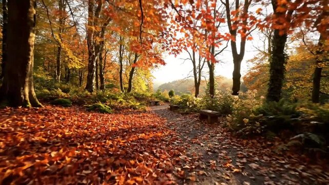 Scenic autumn path through the forest with sunlight shining through the trees, creating a peaceful nature scene
