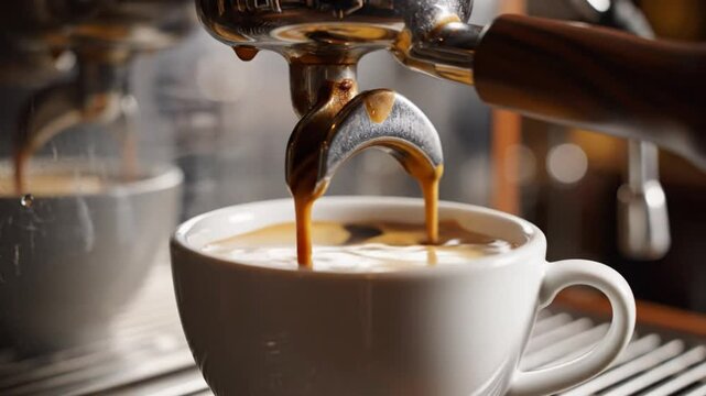 Close up view of fresh espresso coffee brewing from a portafilter into a white ceramic cup on a coffee machine