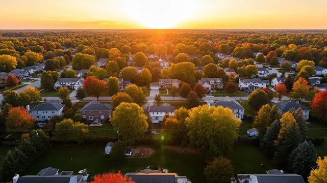 Aerial view captures a suburban neighborhood with colorful autumn trees at sunset, creating a picturesque scene.