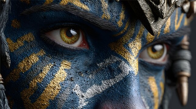 Close-up of a blue-skinned character with yellow markings and intense eyes.