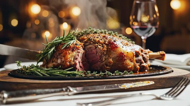 Savory roasted leg of lamb being sliced with a knife on a wooden board and metal plate in a fine dining restaurant