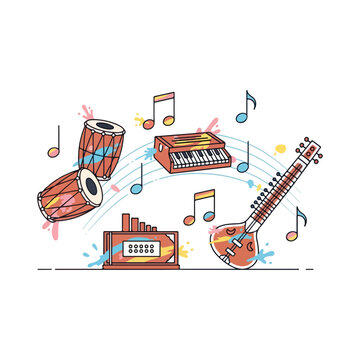 Vector Illustration of Traditional Indian Musical Instruments and Notes