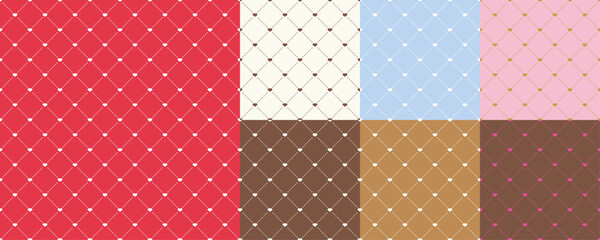 ハート入りキルティング風ダイヤ柄シームレスパターン7色セット (赤・ピンク・ライトブルー・クリームホワイト・ブラウン系)　バレンタインやホワイトデー風の背景素材ベクターイラスト